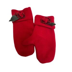 Vtg Amber Rose Red Fleece Mittens Floral Accent Cozy Winter Warm Granny Cottage